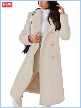 Wool Blend Double-Breasted Long Trench Coat Pea Coat Winter Warm